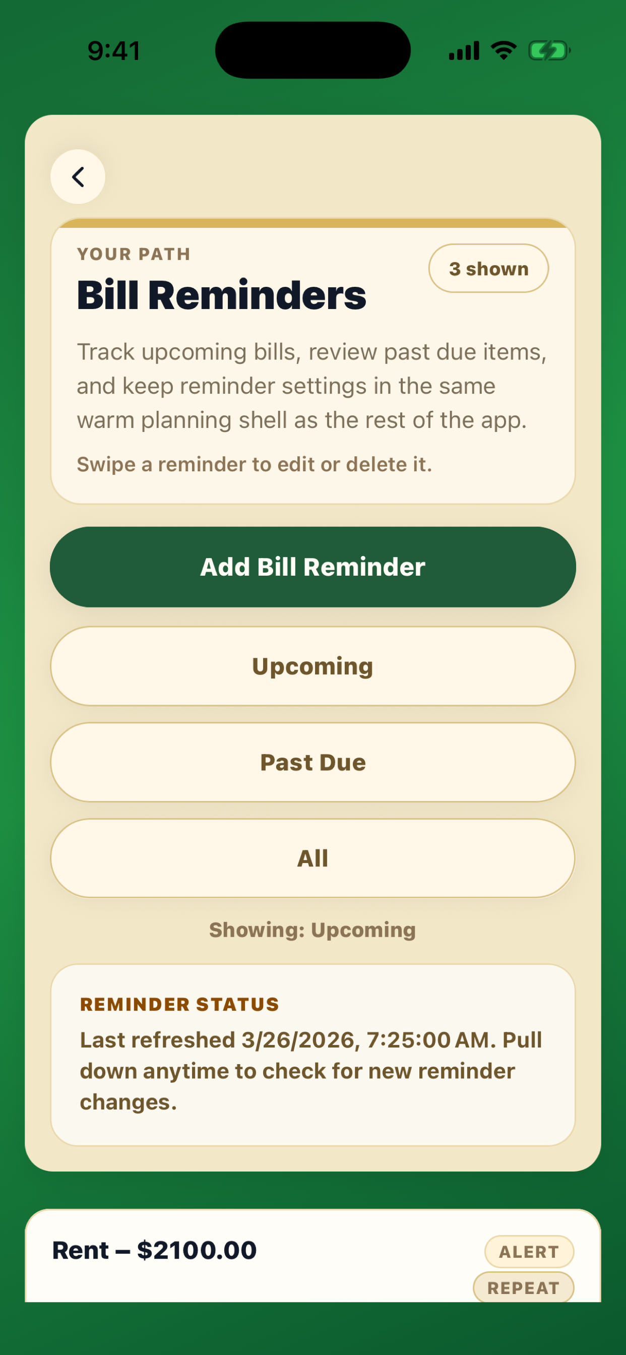 Centscribe bill reminders screen