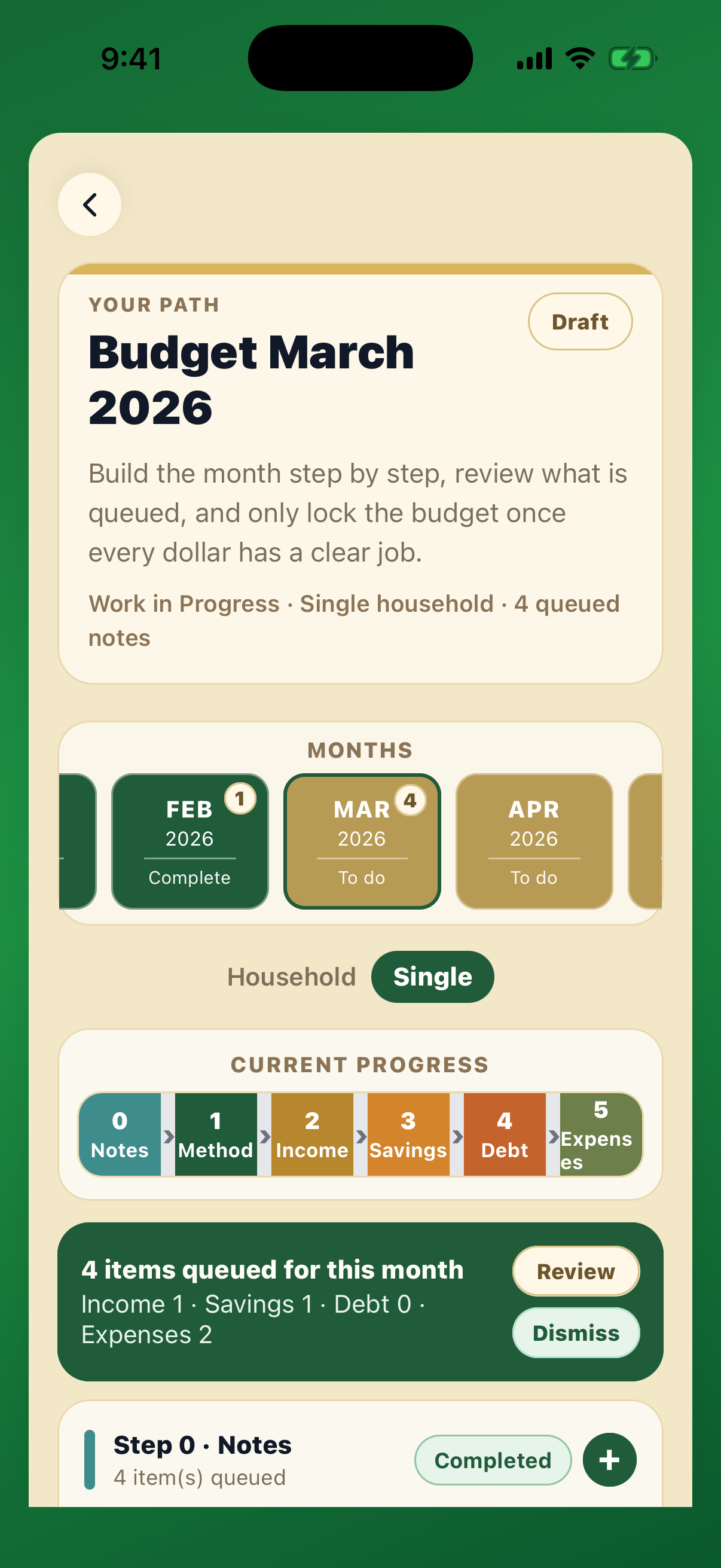 Centscribe budget screen showing monthly progress and step-by-step planning