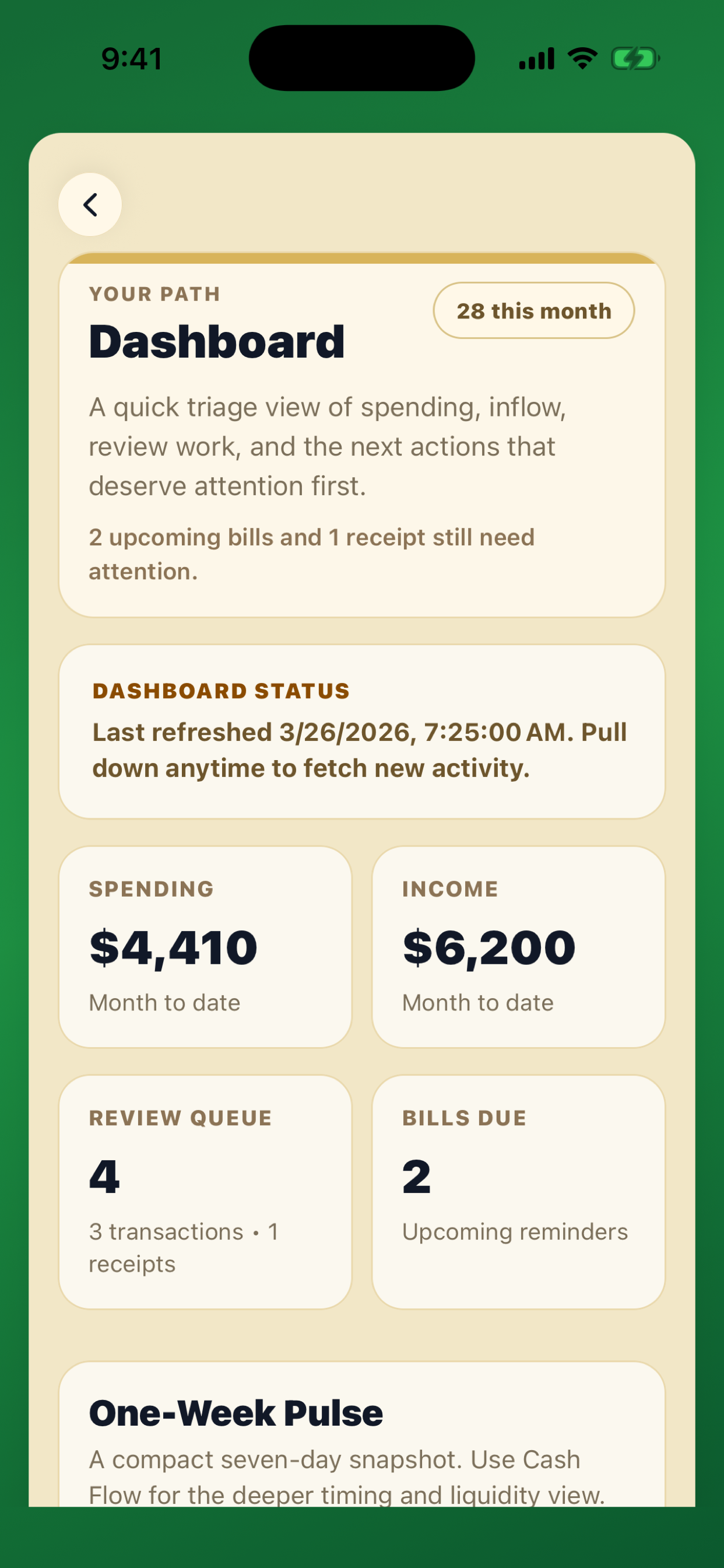 Centscribe dashboard screen with summary and next-step guidance