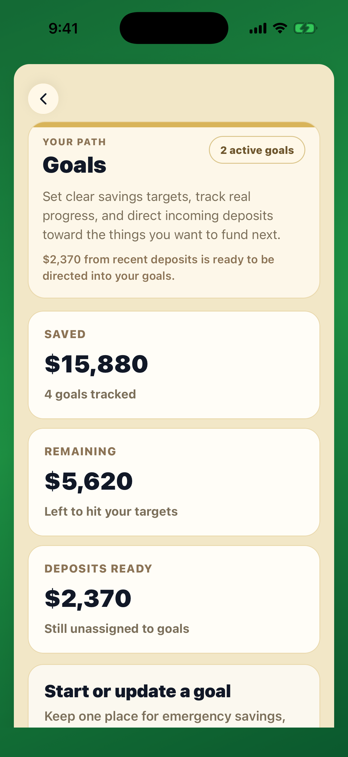 Centscribe goals screen showing savings goals and recent deposits