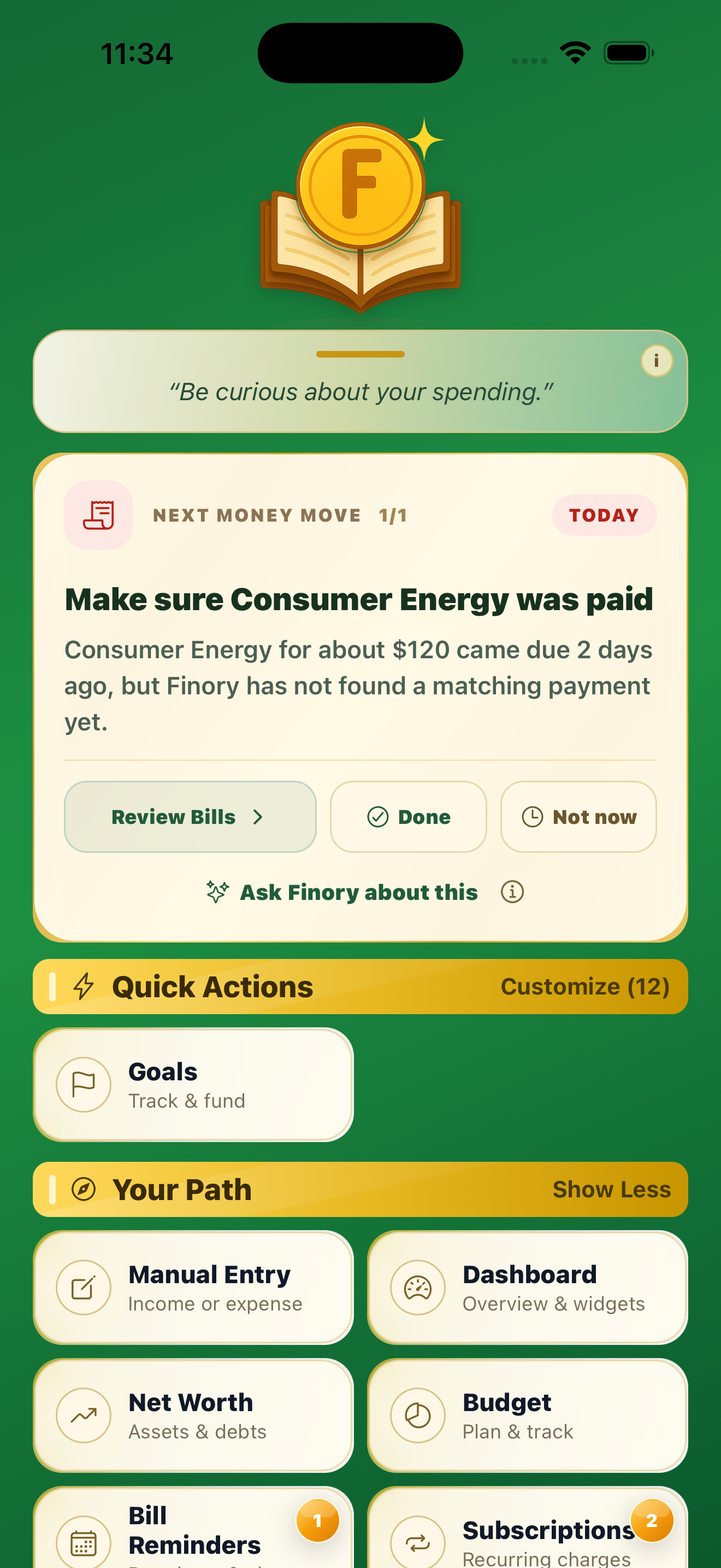 Centscribe home screen showing quick actions and budget pace