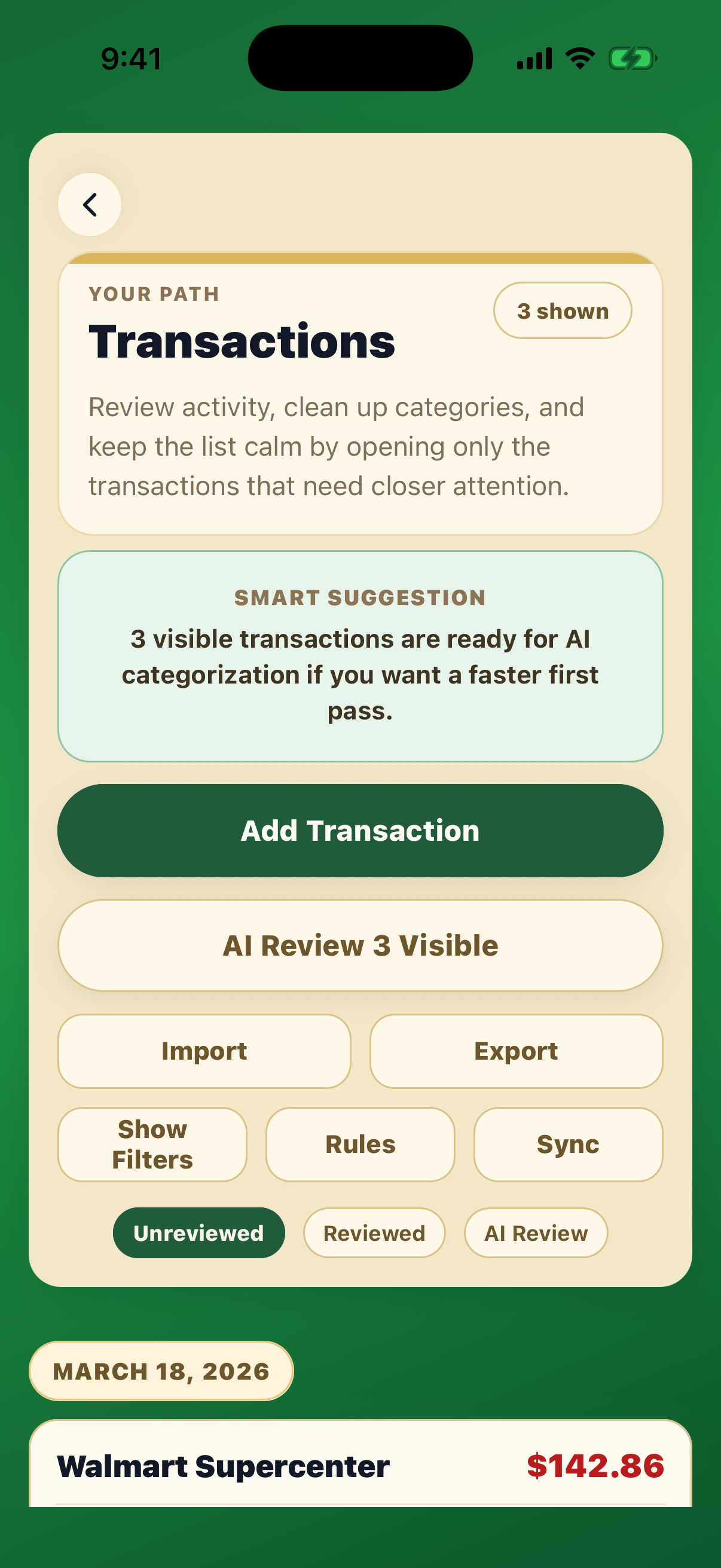 Centscribe transactions review screen with review queue and category options